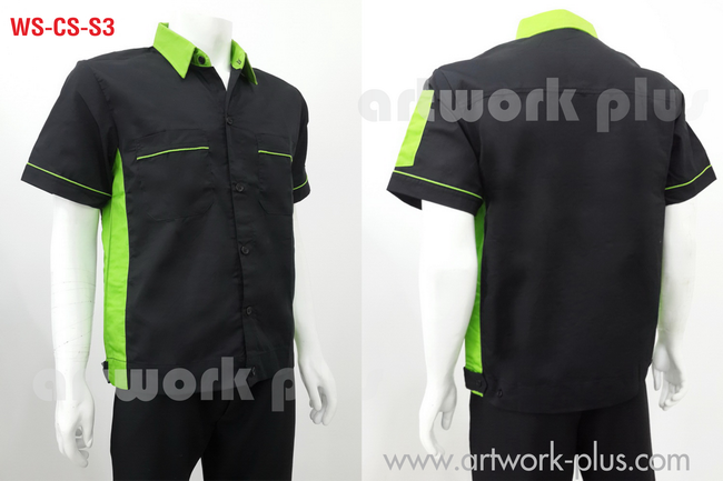 เสื้อช็อปสำเร็จรูป, แบบเสื้อพนักงาน, เสื้อพนักงานแขนสั้น, แบบเสื้อช็อป, ,เสื้อช่างโรงงาน, เสื้อพนักงานสีดำแต่งสีเขียว, Workwear, Uniform, Men Shirt, Work Shirt,WS-CS-S3